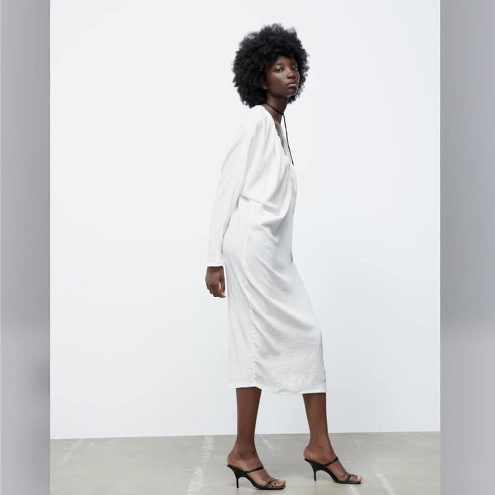 Zara White LONG RUCHED DRESS Size Medium - Picture 10 of 12